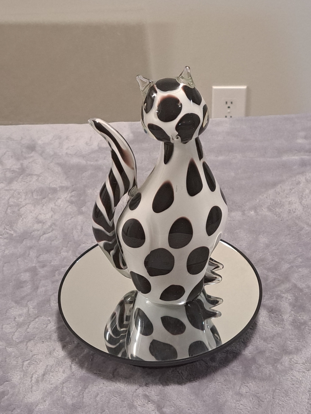 Black & White Polka Dot Large Art Glass Cat Figurine